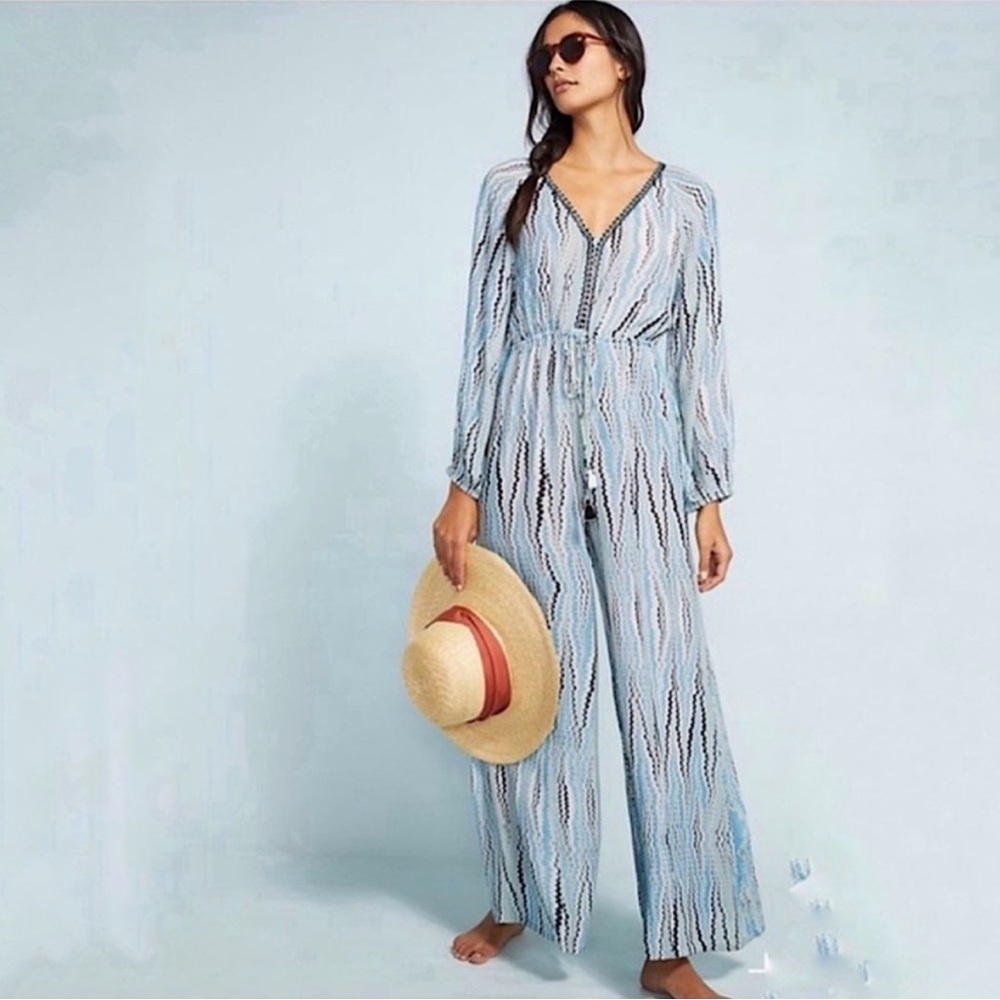 Anthropologie Irveni Wide Leg Relaxed Long Sleeve
Tassel Blue Jumpsuit Size L